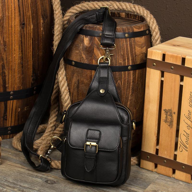 Cool Black Leather Chest Bag Mens Cool Sling Bag Black Crossbody Pack