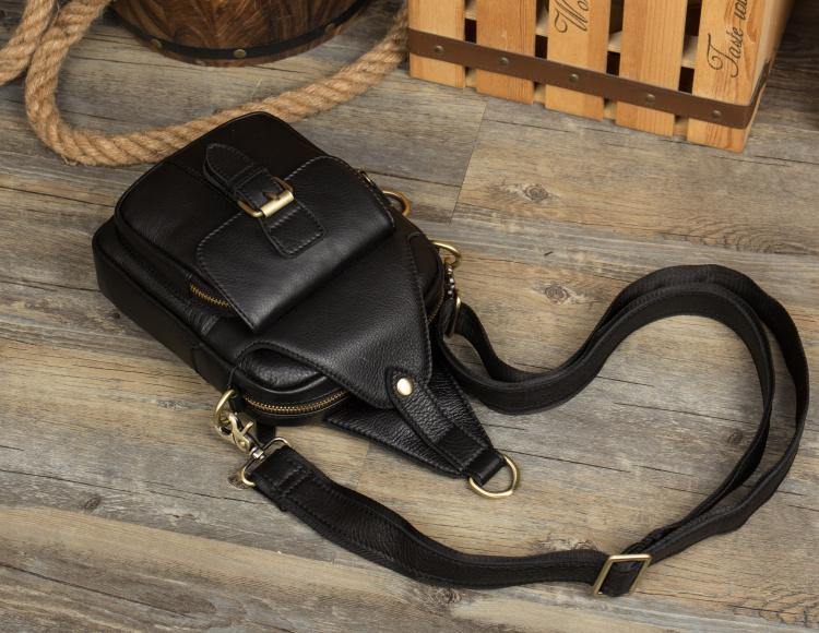 Cool Black Leather Chest Bag Mens Cool Sling Bag Black Crossbody Pack