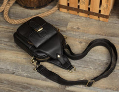 Black Leather Mens Cool Sling Bag Sling Pack Black Crossbody Packs Chest Bags for men - iwalletsmen