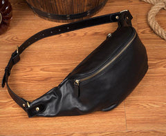 Black Leather Mens Fanny Pack Waist Bag Hip Pack Blue Belt Bag Bumbags for Men - iwalletsmen