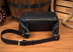 Black Leather Mens Fanny Pack Waist Bag Hip Pack Blue Belt Bag Bumbags for Men - iwalletsmen