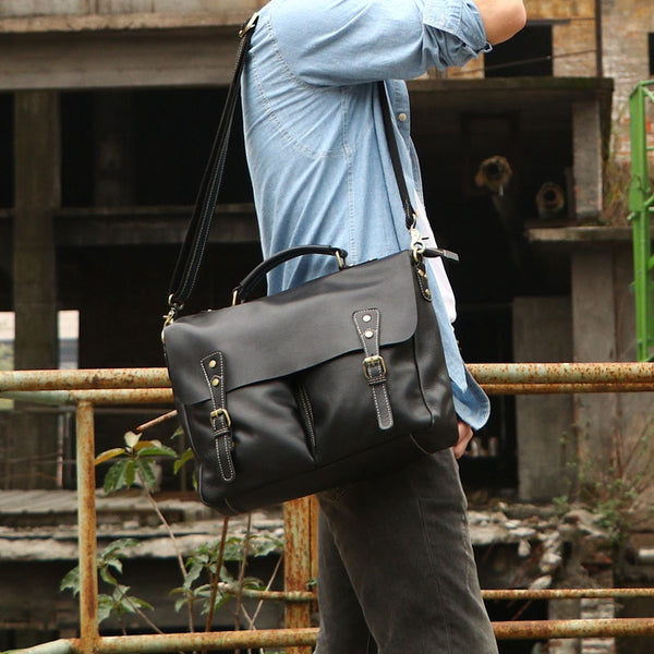 Black Leather Mens Large Briefcase Work Bag Laptop Bag Business Bag for Men - iwalletsmen