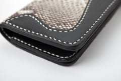 Black Leather Mens Long Biker Wallet Bifold Snake Skin Long Wallet Biker Chain Wallet For Men - iwalletsmen