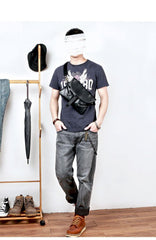 Black Leather Mens Small Courier Bag Chest Bag Messenger Bags Black Sling Bag For Men - iwalletsmen