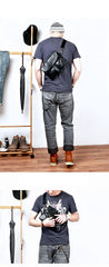 Black Leather Mens Small Courier Bag Chest Bag Messenger Bags Black Sling Bag For Men - iwalletsmen