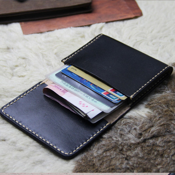 Black Leather Mens Slim Front Pocket Bifold Small Wallets Card Wallet for Men - iwalletsmen