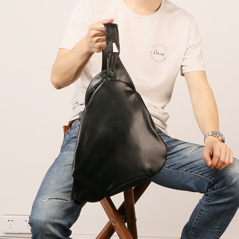 Black Leather Mens Sling Bag Sling Shoulder Bag Sling Backpack for men - iwalletsmen