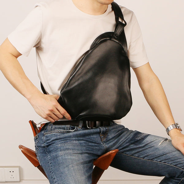 Black Leather Mens Sling Bag Sling Shoulder Bag Sling Backpack for men - iwalletsmen