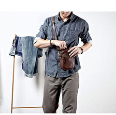 Black Leather Mens Mini Casual Side Bag Messenger Bags Brown Postman Bag For Men - iwalletsmen