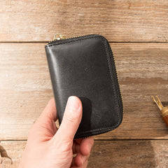 Black Leather Mens Small Card Wallet Red Zipper Card Holder Brown Zipper Coin Wallet For Men - iwalletsmen