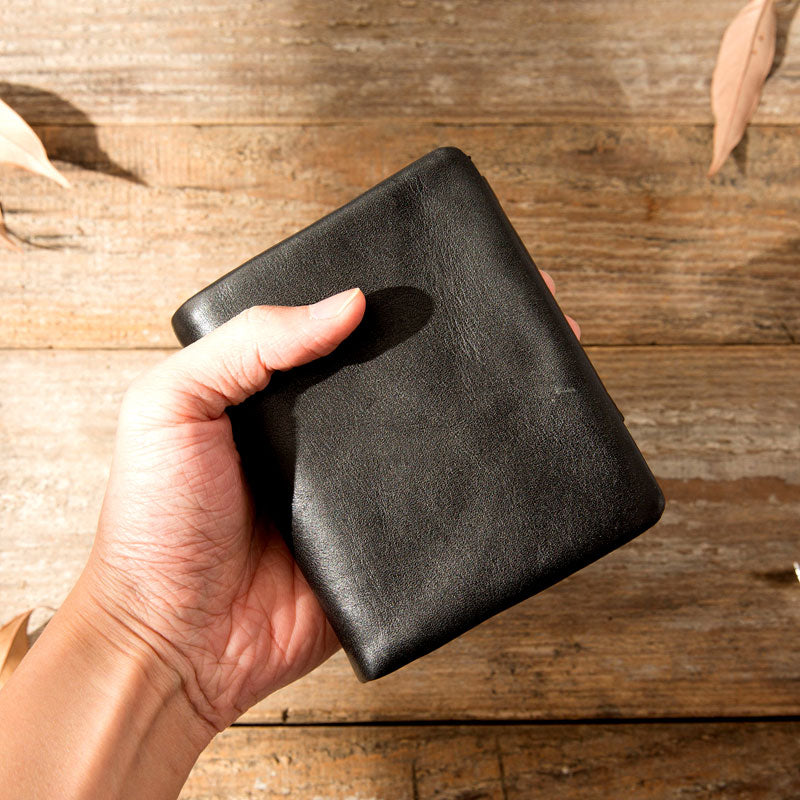 Black Leather Mens Small Wallets Trifold Vintage billfold Wallet for Men - iwalletsmen