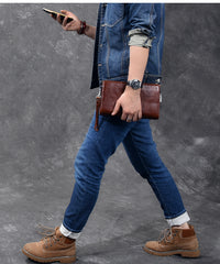 Black Leather Mens Brown Business Long Wallet Clutch Bag Wristlet Wallet For Men - iwalletsmen