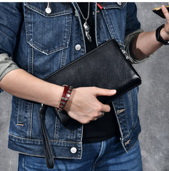 Black Leather Mens Brown Business Long Wallet Clutch Bag Wristlet Wallet For Men - iwalletsmen