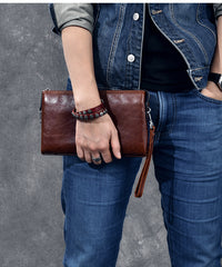 Black Leather Mens Brown Business Long Wallet Clutch Bag Wristlet Wallet For Men - iwalletsmen