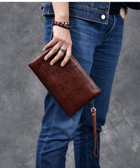 Black Leather Mens Brown Business Long Wallet Clutch Bag Wristlet Wallet For Men - iwalletsmen