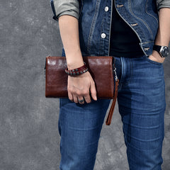 Black Leather Mens Brown Business Long Wallet Clutch Bag Wristlet Wallet For Men - iwalletsmen