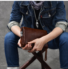 Black Leather Mens Brown Business Long Wallet Clutch Bag Wristlet Wallet For Men - iwalletsmen