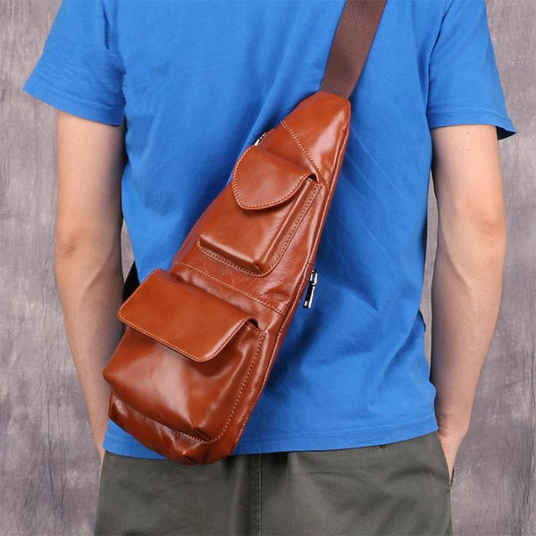 Dark Brown MENS LEATHER One Shoulder Backpack Sling Bag Coffee Chest Bag For Men - iwalletsmen