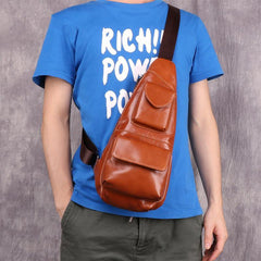 Dark Brown MENS LEATHER One Shoulder Backpack Sling Bag Coffee Chest Bag For Men - iwalletsmen