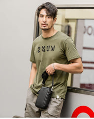 Black Mini Leather Mens Side Bag Black Messenger Bags Postman Bag Courier Bag for Men - iwalletsmen