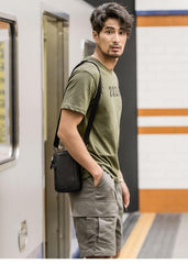 Black Mini Leather Mens Side Bag Black Messenger Bags Postman Bag Courier Bag for Men - iwalletsmen