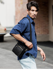 Black Mini Leather Mens Phone Bag Black Small Postman Bag Messenger Bags Side Bag for Men - iwalletsmen