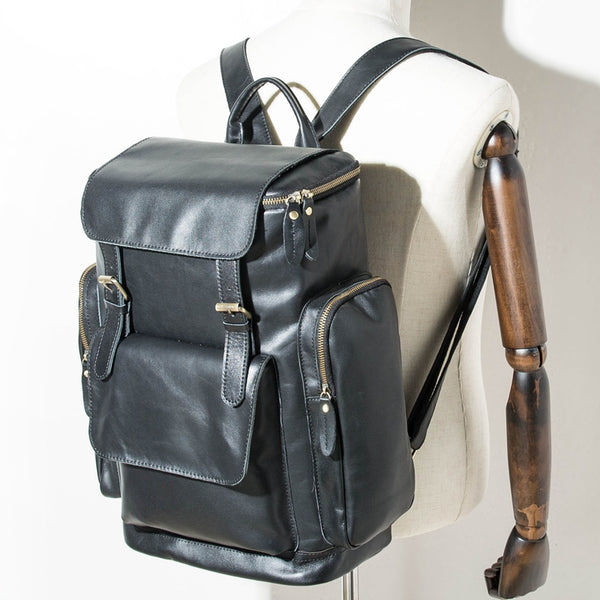 Black Mens Leather College Backpacks Travel Backpacks Black 15 inches Computer Backpack for men - iwalletsmen