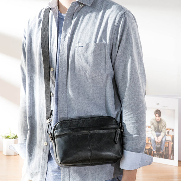Fashion Black Small Leather Mens Side Bag Black Mini Courier Bag Messenger Bags POstman Bag for Men - iwalletsmen