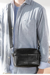 Fashion Black Small Leather Mens Side Bag Black Mini Courier Bag Messenger Bags POstman Bag for Men - iwalletsmen