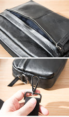 Fashion Black Small Leather Mens Side Bag Black Mini Courier Bag Messenger Bags POstman Bag for Men - iwalletsmen