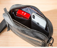 Fashion Black Small Leather Mens Side Bag Black Mini Courier Bag Messenger Bags POstman Bag for Men - iwalletsmen