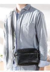 Fashion Black Small Leather Mens Side Bag Black Mini Courier Bag Messenger Bags POstman Bag for Men - iwalletsmen