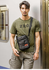 Black Small Leather Mens Vertical Side Bag Black Mini Postman Bag Messenger Bags Phone Bag for Men - iwalletsmen