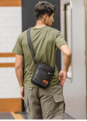 Black Small Leather Mens Vertical Side Bag Black Mini Postman Bag Messenger Bags Phone Bag for Men - iwalletsmen