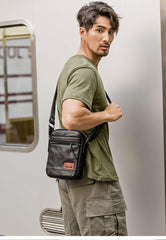 Black Small Leather Mens Vertical Side Bag Black Mini Postman Bag Messenger Bags Phone Bag for Men - iwalletsmen
