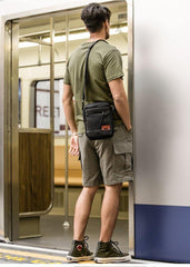 Black Small Leather Mens Vertical Side Bag Black Mini Postman Bag Messenger Bags Phone Bag for Men - iwalletsmen