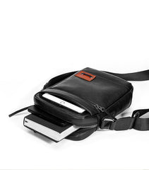 Black Small Leather Mens Vertical Side Bag Black Mini Postman Bag Messenger Bags Phone Bag for Men - iwalletsmen