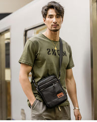 Black Small Leather Mens Vertical Side Bag Black Mini Postman Bag Messenger Bags Phone Bag for Men - iwalletsmen