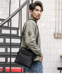 Black Soft Leather Mens 10 inches Vertical Postman Bag Black Messenger Bags Side Bag for Men - iwalletsmen