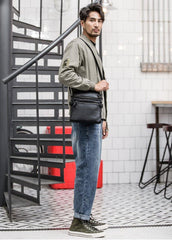Black Soft Leather Mens 10 inches Vertical Postman Bag Black Messenger Bags Side Bag for Men - iwalletsmen