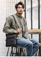Black Soft Leather Mens 10 inches Vertical Postman Bag Black Messenger Bags Side Bag for Men - iwalletsmen