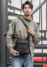 Black Soft Leather Mens 10 inches Vertical Postman Bag Black Messenger Bags Side Bag for Men - iwalletsmen