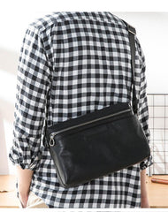 Black Soft Leather Mens 10 inches Courier Bag Postman Bag Black Messenger Bags Side Bag for Men - iwalletsmen