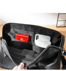 Black Soft Leather Mens 10 inches Courier Bag Postman Bag Black Messenger Bags Side Bag for Men - iwalletsmen