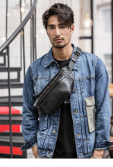 Black Leather Mens Waist Bag Fanny Pack Sling Bag Chest Bag Black One Shoulder Backpack for Men - iwalletsmen