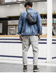 Black Leather Mens Waist Bag Fanny Pack Sling Bag Chest Bag Black One Shoulder Backpack for Men - iwalletsmen