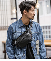 Black Leather Mens Waist Bag Fanny Pack Sling Bag Chest Bag Black One Shoulder Backpack for Men - iwalletsmen