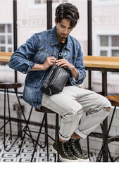 Black Leather Mens Waist Bag Fanny Pack Sling Bag Chest Bag Black One Shoulder Backpack for Men - iwalletsmen
