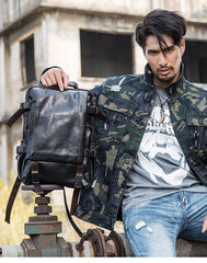 Cool Black Leather Mens 13-inch Computer Backpacks Business Black Travel Backpacks College Backpack for men - iwalletsmen