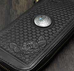 Black Tooled Leather Men's Zipper Long Wallet Biker Wallet Biker Chain Wallet For Men - iwalletsmen